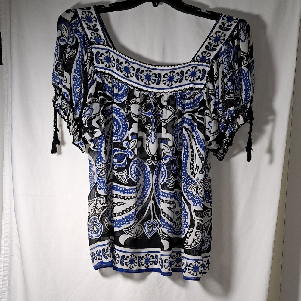 ECI Blue and Black Floral Blouse